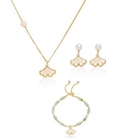 Collana Orecchini Bracciale Foglia Di Ginkgo Donna Madreperla Perla Artificial Zircone Acciaio Inossidabile Gioielli Di Moda Eleganti Oro