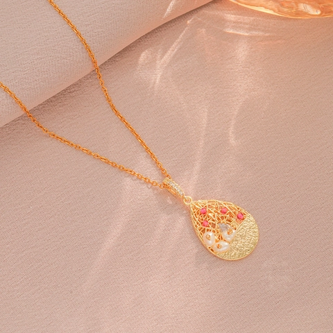 Collana In Acciaio Inossidabile Con Perle D'Acqua Dolce Pendente A Goccia Traforato Strass Rossi Gioielli Eleganti Da Donna
