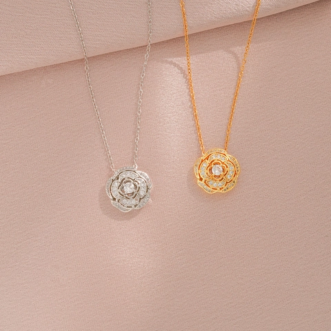 Exquisite Camellia Flower Pendant Necklace Titanium Steel Cubic Zirconia Inlaid Hollow Petal Jewelry For Women Fashion