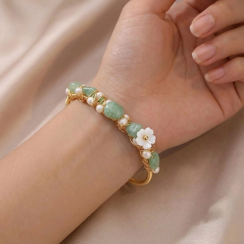 Handmade Wire Wrapped Copper Cuff Bracelet With Natural Aventurine Artificial Pearls And Shell Flower For Women Vintage Style
