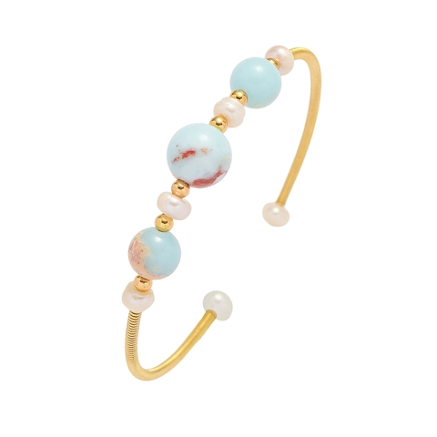 Elegante Open Armring Koper Met Amazoniet Natuursteen En Witte Kunstparel Verstelbare Sieraden Voor Dames Mode