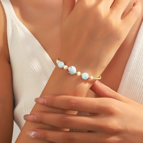 Elegante Open Armring Koper Met Amazoniet Natuursteen En Witte Kunstparel Verstelbare Sieraden Voor Dames Mode
