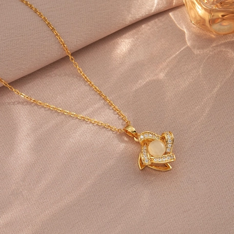 Stainless Steel Rotating Flower Necklace Cat Eye Stone Zirconia Inlaid Rotatable Windmill Pendant Necklace For Women Elegant Jewelry