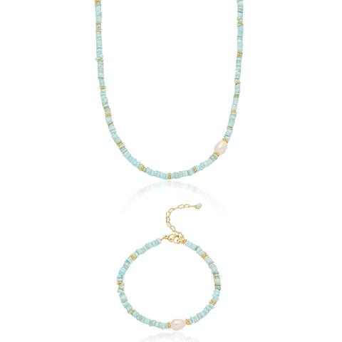 Parure Collier et Bracelet en Acier Titane Perles de Pierre Bleu Clair avec Perle Baroque Bijoux de Style Plage d'Été