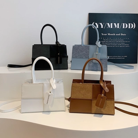 Mode Farbblock PU Leder Umhängetasche Für Damen Kleine Quadratische Schultertasche Handtasche Mit Griff Abnehmbarer Riemen