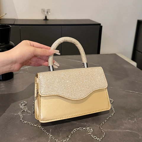 Borsa a Mano da Donna alla Moda con Paillettes e Strass Elegante in PU Patchwork a Spalla Tracolla con Catena Borsa da Festa