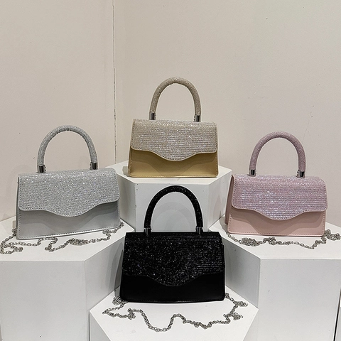 Borsa a Mano da Donna alla Moda con Paillettes e Strass Elegante in PU Patchwork a Spalla Tracolla con Catena Borsa da Festa