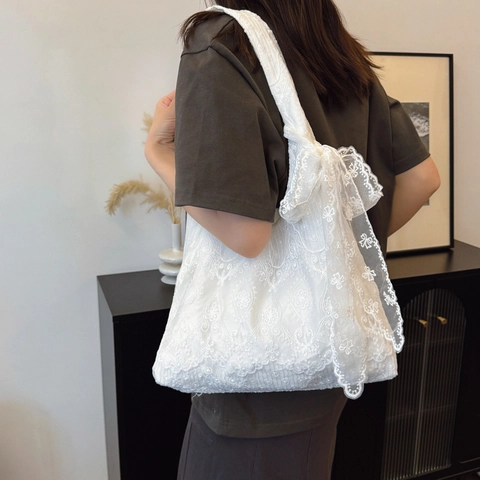Grand Sac Fourre-Tout en Toile de Dentelle Florale Style Coréen Sac à Épaule Brodé Avec Nœud Pour Femmes Quotidien