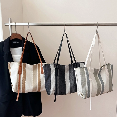 Bolso de Mano de Lona con Rayas Verticales de Moda de Gran Capacidad para Mujer Bolso de Hombro Casual Minimalista