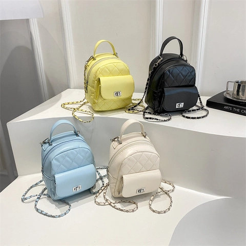 Women Mini Quilted Backpack Fashion PU Leather Diamond Pattern Small Rucksack With Chain Strap Casual Crossbody Bag