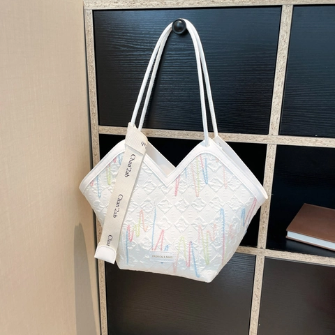 Borsa Tote in Pelle PU da Donna Grande Capacità Moda Ricamo con Apertura a V Borsa a Tracolla per Università Pendolarismo Viaggio