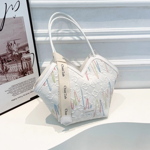 Women Large Capacity Tote Bag Synthetic Leather Quilted Embroidery Wave Pattern V Shaped Opening Shoulder Bag College Daily Commuting Stylish Handbag With Wide Strap