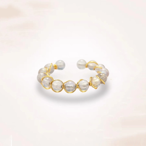 Anillo Envuelto En Alambre De Perlas De Labradorita Color Dorado Ajustable Banda Abierta Joyas Boho Para Mujeres