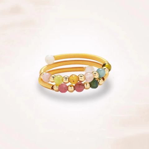 Bohemian Multi Layer Wrap Ring Colorful Tourmaline Beads Adjustable Golden Wire Spiral Finger Jewelry For Women