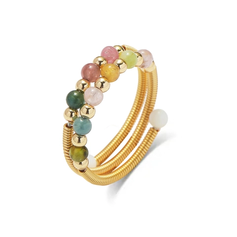 Bohemian Multi Layer Wrap Ring Colorful Tourmaline Beads Adjustable Golden Wire Spiral Finger Jewelry For Women