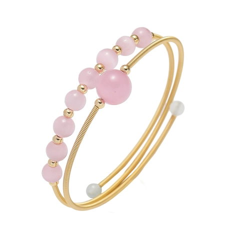 Multi Layer Gewikkelde Armband Bangle Voor Dames Roze Kristal Kattenoog Steen Koper Verguld Elastische Spiraal Sieraden