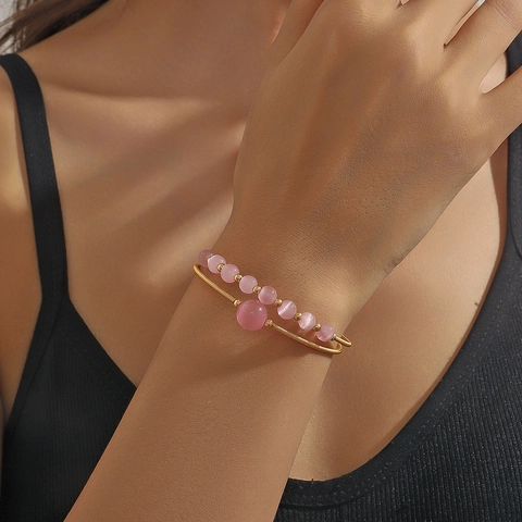 Multi Layer Gewikkelde Armband Bangle Voor Dames Roze Kristal Kattenoog Steen Koper Verguld Elastische Spiraal Sieraden