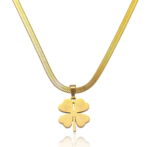 Four Leaf Clover Pendant Necklace Gold Plated Stainless Steel Herringbone Snake Chain Elegant Niche Design Jewelry For Women