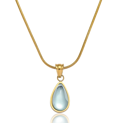 Water Drop Pendant Necklace Stainless Steel Light Blue Gemstone Gold Plated Snake Chain Minimalist Elegant Women Jewelry