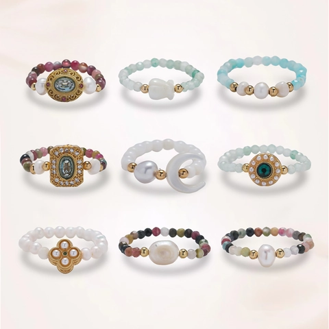French Vintage Style Natural Freshwater Pearl Beaded Rings Women Tourmaline Crystal Flower Moon Adjustable Jewelry