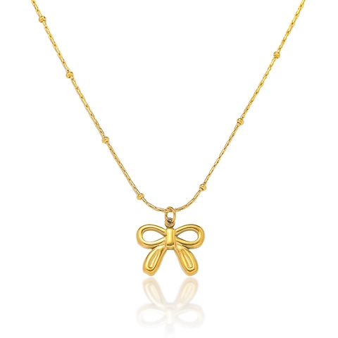 Bowknot Pendant Necklace Gold Plated Stainless Steel Beaded Satellite Chain For Women Dainty Clavicle Choker Jewelry