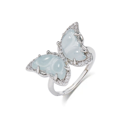Butterfly Ring Retro Light Green Stone Alloy Zircon Adjustable Open Jewelry Korean Style Minimalist For Women Elegant Gift