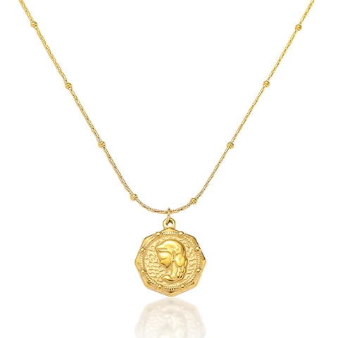 Vintage Franse Zeshoekige Munt Hanger Ketting Dames Roestvrij Staal Verguld Reliëf Godin Portret Kralen Satellietketting