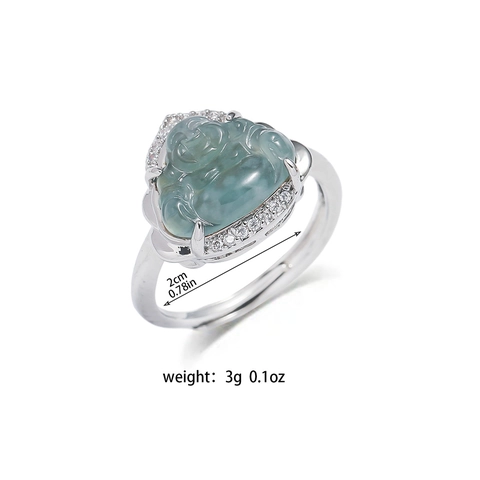 Anello Buddha Ridente Regolabile Donna Giada Verde Chiaro Buddha Maitreya Zircone Placcato Argento Stile Orientale Gioielli