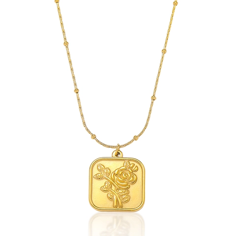 Vintage Rose Embossed Square Pendant Necklace For Women Stainless Steel Satellite Bead Chain Elegant Jewelry Gift