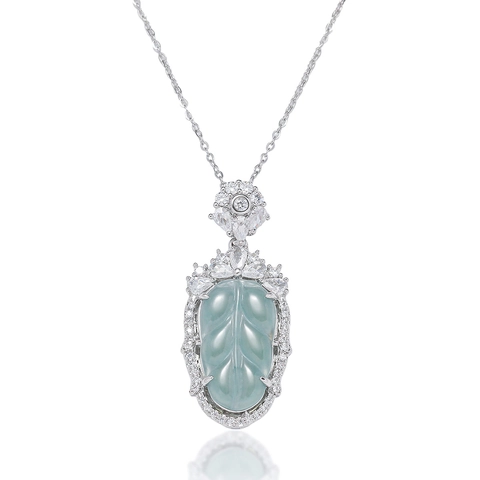 Collar Con Colgante De Hoja Acero De Titanio Verde Esmeralda Jade Artificial Con Diamantes De Imitación Para Mujer Joyería