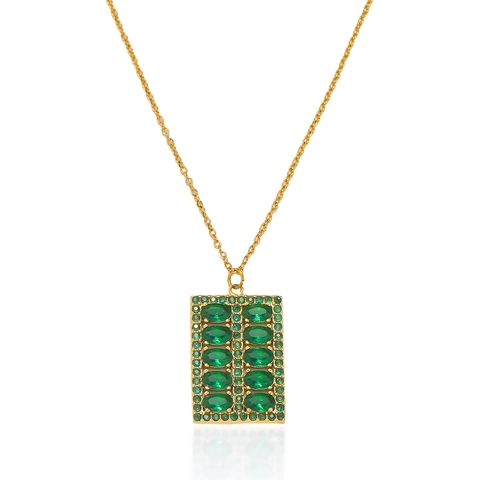 Elegant Rectangular Emerald Green Zircon Pendant Necklace Titanium Steel Gold Plated Luxury Fashion Jewelry For Women