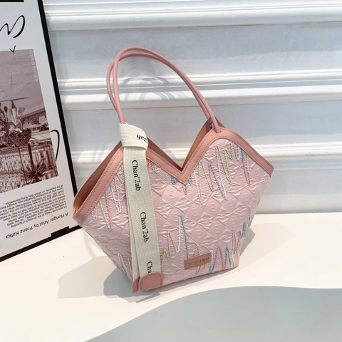 Large Capacity Women Tote Bag PU Leather Colorful Embroidery V-Opening Shoulder Bag With Wide Strap Casual Versatile Bag
