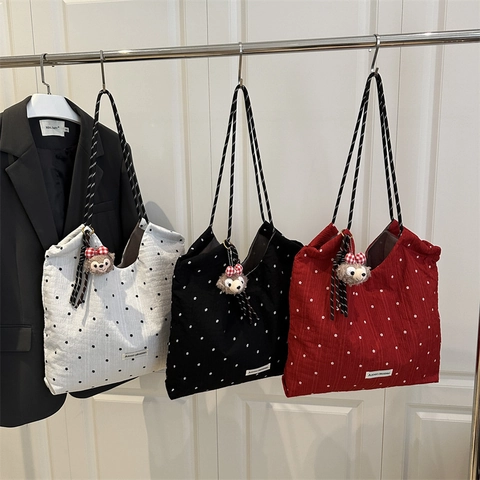 Dames Bloemen Canvas Draagtas Grote Capaciteit Casual Schoudertas Met Leuke Pluche Hanger Lazy Style Student Boodschappentas