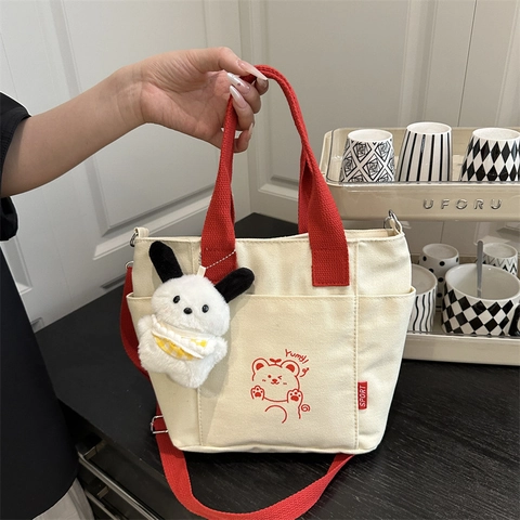 Bolso Tote De Lona Mujer Estampado Oso Dibujos Animados Color Contraste Bolso Bandolera Mano Con Amuleto Peluche Informal