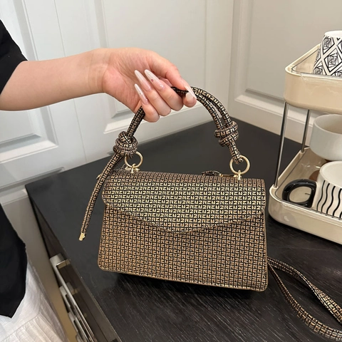Women Shoulder Bag Synthetic Leather Small Square Crossbody Handbag Knotted Handle Magnetic Flap Vintage Elegant Style
