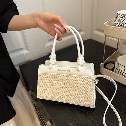 Borsa A Mano In Paglia Intrecciata E Pelle PU Grande Capacità Borsa A Tracolla Spiaggia Estate Alla Moda