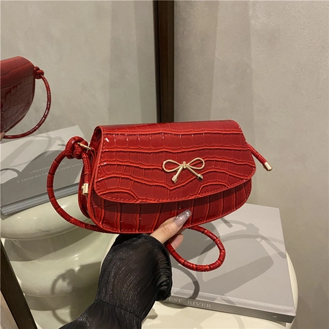 Dames Krokodillenpatroon Onderarmtas Gouden Strik PU Leer Kleine Vierkante Schoudertas Elegante Chique Handtas