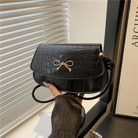 Trendy Crocodile Pattern PU Leather Small Square Bag Gold Bow Metal Buckle Fashion Shoulder Crossbody Bag For Women