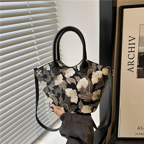 Vintage Floral Bestickte Handtasche PU Leder Umhängetasche Große Kapazität Griff Tasche Damen Elegante Tägliche Tote Bag