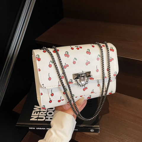 Sweet Cherry Print PU Leather Shoulder Bag For Women Elegant Chain Crossbody Square Bag Metal Lock Flap Daily Fashion Bag