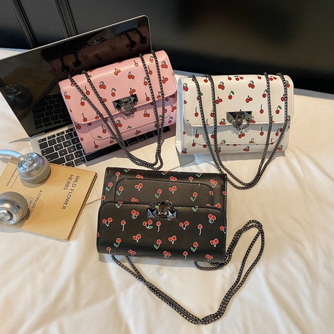 Women Cherry Print PU Leather Chain Shoulder Bag Fashion Small Square Crossbody Bag Sweet Style Daily Handbag For Women