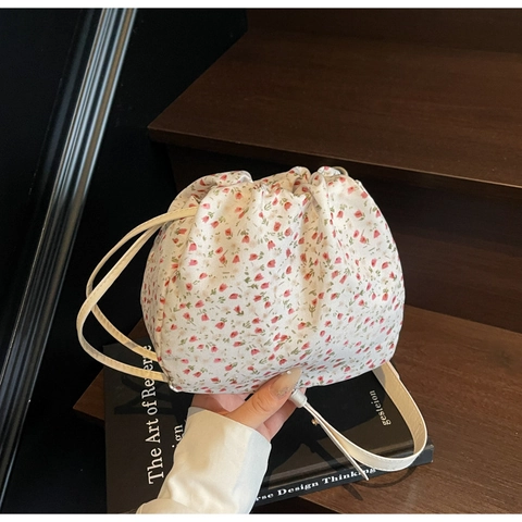 Bucket Bag Floral Print Canvas Cloth Drawstring Shoulder Handbag Casual Pastoral Style Women Accessory