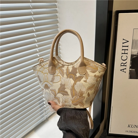 Damen Vintage Blumenstickerei Tote Bag Leinwand Kunstleder Schulter Umhängetasche Verstellbarer Riemen Täglich Handtasche