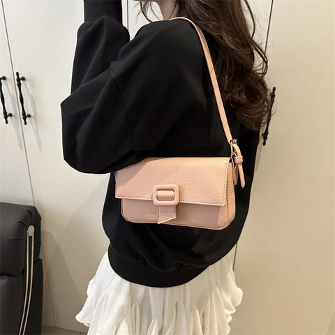 Borsa A Spalla Baguette Da Donna In Pelle PU Con Trama Litchi Borsa Sottobraccio Retro Minimalista Con Fibbia