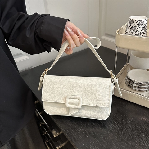 Borsa A Spalla Baguette Da Donna In Pelle PU Con Trama Litchi Borsa Sottobraccio Retro Minimalista Con Fibbia