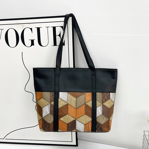 Borsa Tote Grande Donna Patchwork in Pelle PU Tweed Pizzo Cuciture Borsa a Tracolla Pendolare Retro Casual Grande Capacità
