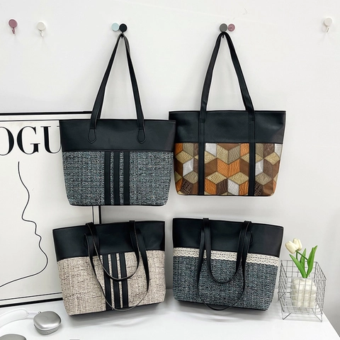 Borsa Tote Grande Donna Patchwork in Pelle PU Tweed Pizzo Cuciture Borsa a Tracolla Pendolare Retro Casual Grande Capacità