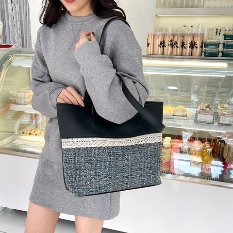 Damen Große Kapazität Tragetasche PU Leder Patchwork Geometrisch Tweed Schultertasche Für Tägliche Pendeln Casual Street Fashion