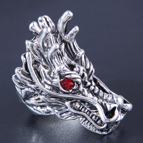 Dragon Head Ring Retro Silver Alloy Red Rhinestone Eyes Punk Gothic Mythical Style For Men