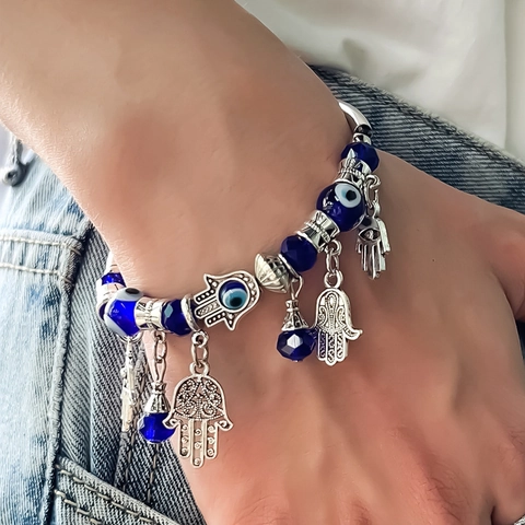 Brazalete De Amuleto Mano De Hamsa Ojo Turco Aleación Plateada Cuentas Azules Estilo Bohemio Étnico Pulsera Para Mujer